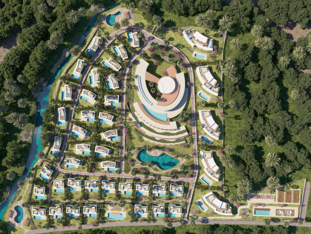 Vista desde arriba de un edificio de diseño oval con varias viviendas a su alrededor, cada una con su piscina personal