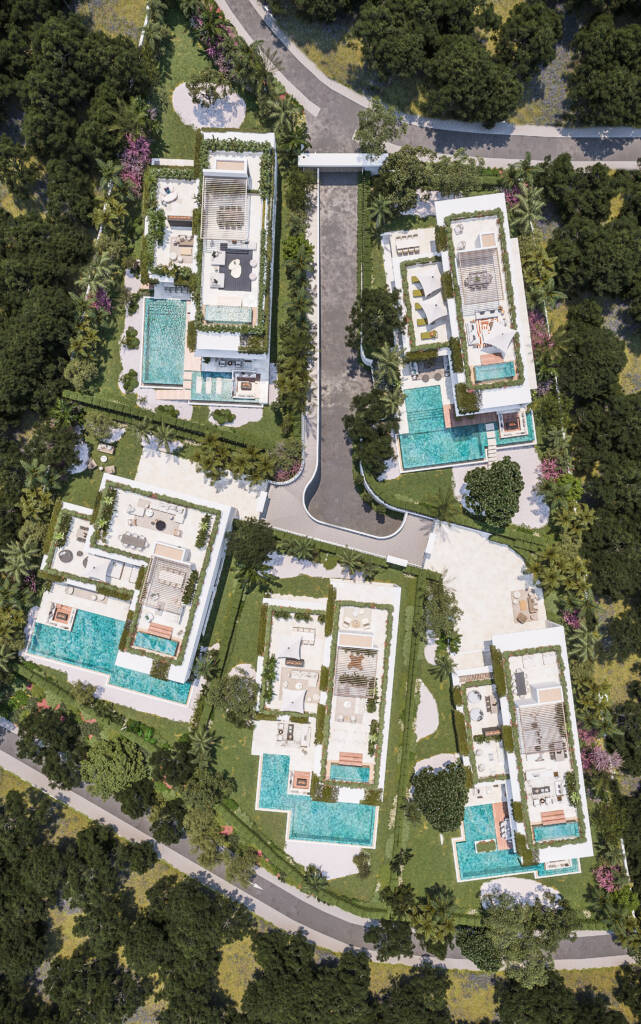 Paisaje aéreo de un conjunto de chalés, rodeados de áreas verdes y con piscinas privadas en cada propiedad