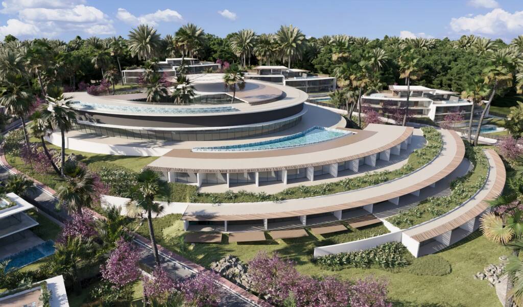 Edificio de diseño oval con varias viviendas a su alrededor, cada una con su piscina personal con palmeras alrededor
